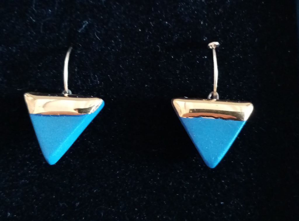 Porcelain triangle and gold  blue earrings