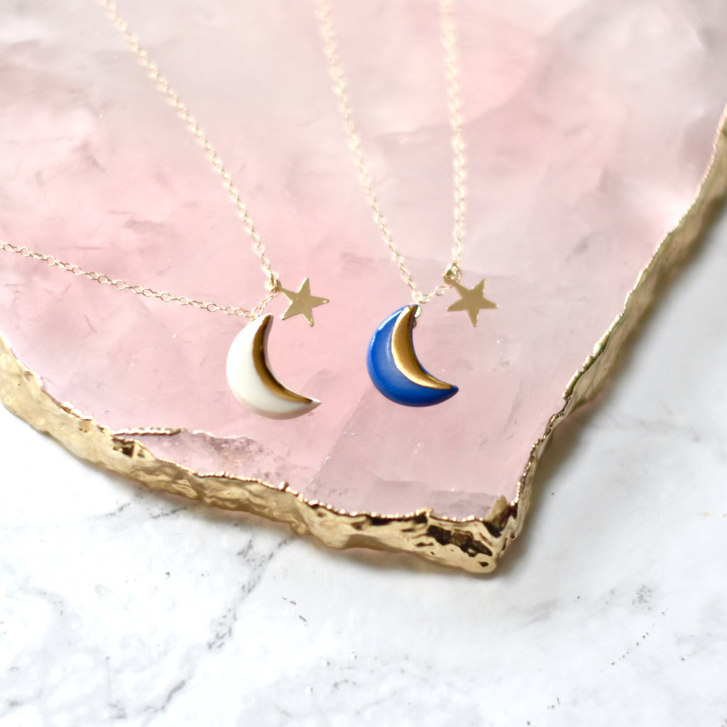 Moon and star necklace Blue
