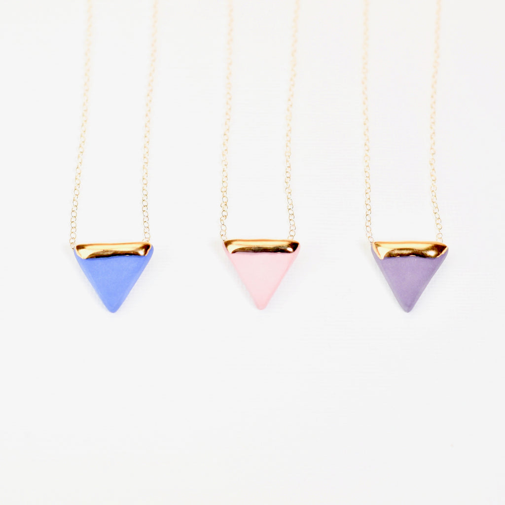 Porcelain triangle and gold necklace Black, Pink, Mint, Blue and White