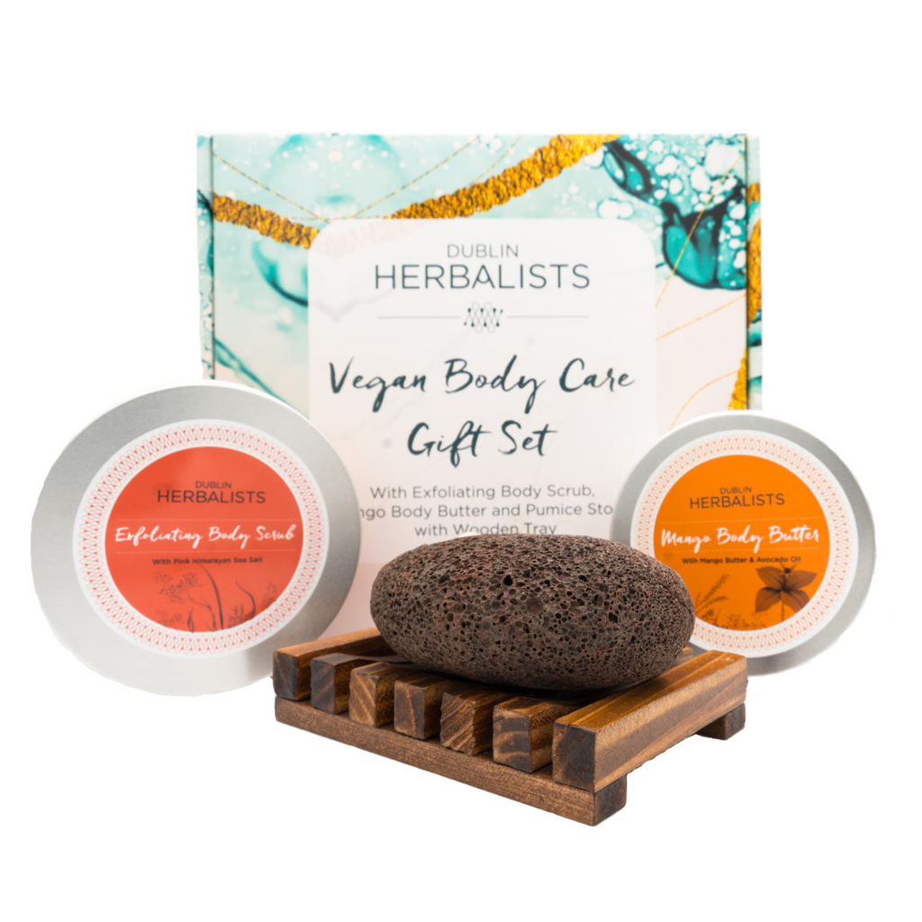 Vegan Body Care gift set With Exfoliating Body Scrub, Mango Body Butter & Pumice Stone with wooden tray