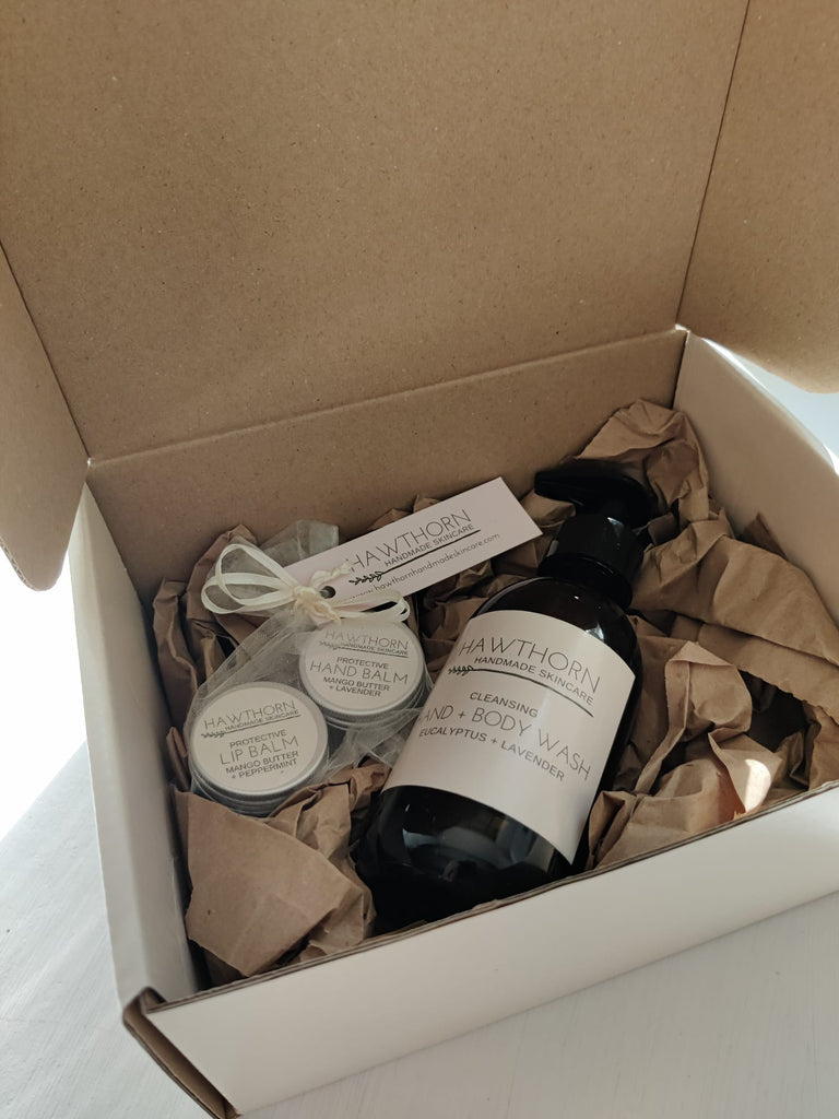 Hawthorn Gift Set : Cleansing Hand + Body Wash , hand balm and lip balm