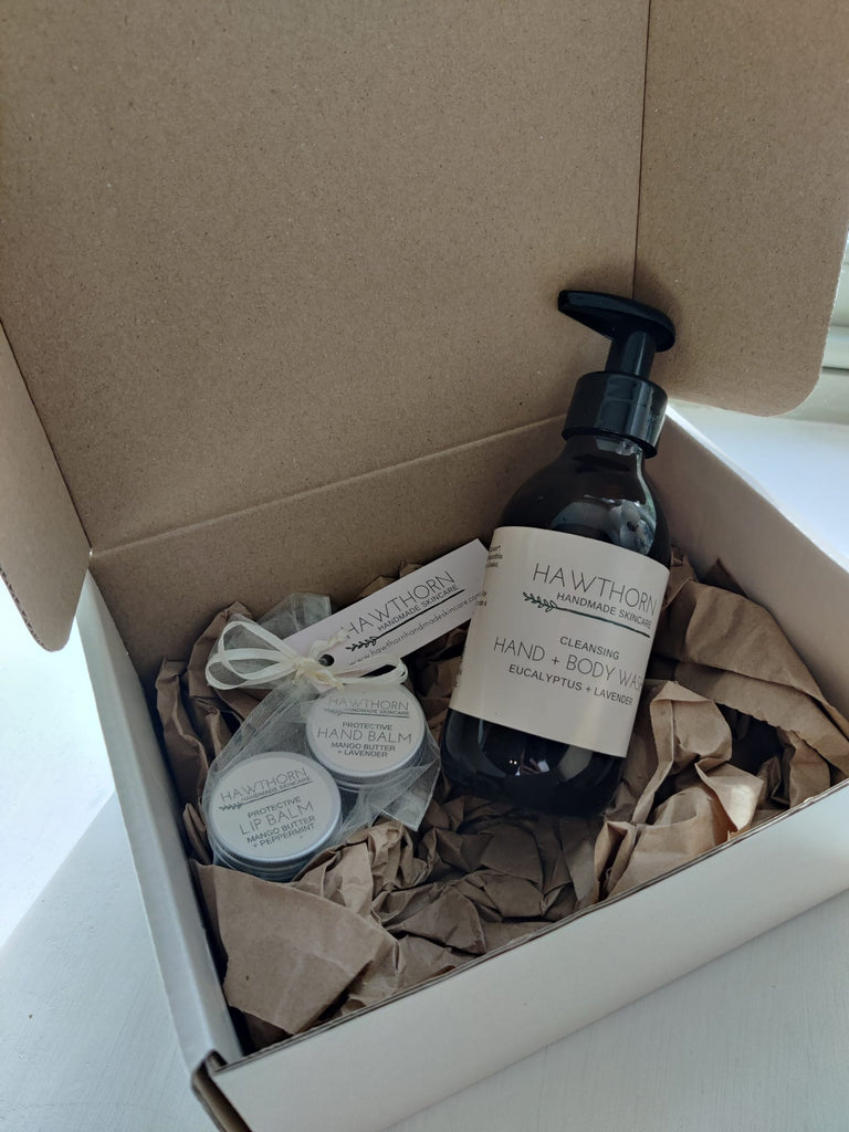 Hawthorn Gift Set : Cleansing Hand + Body Wash , hand balm and lip balm