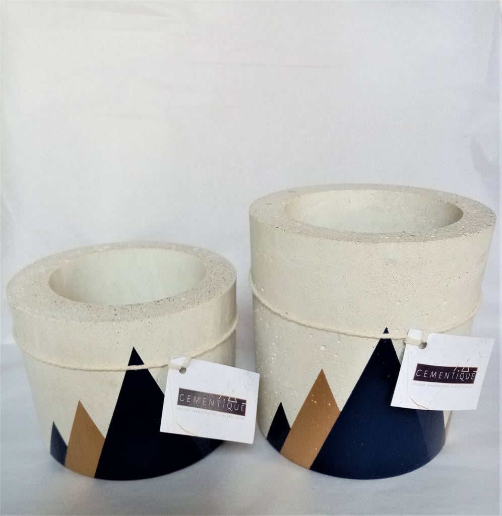 Tall Cylindrical Concrete Pot with Mountains