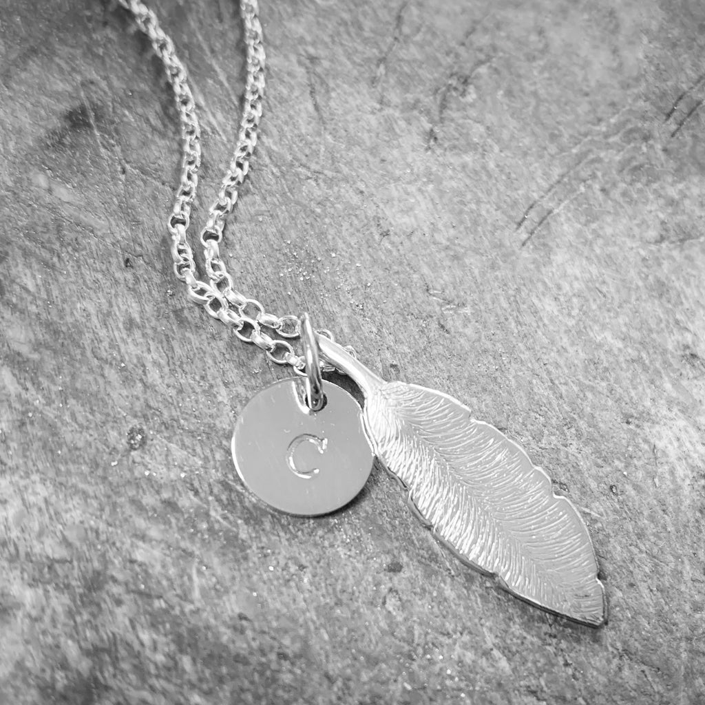 Feathers Appear Pendant with Initial Disc