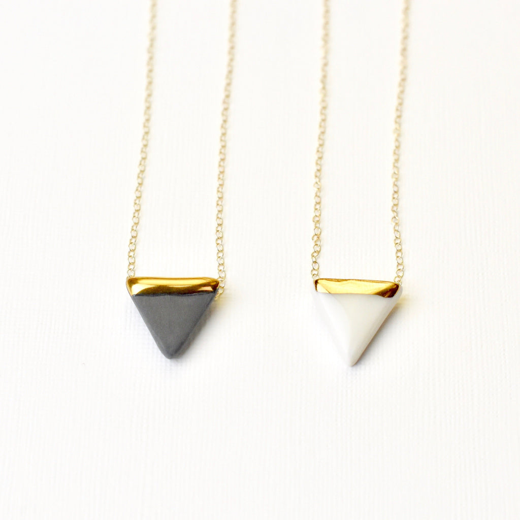 Porcelain triangle and gold necklace Black, Pink, Mint, Blue and White