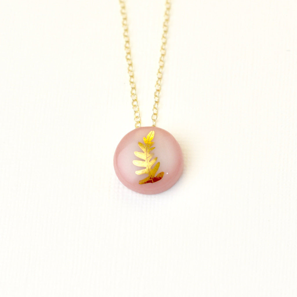 Gold Fern Necklace Pink