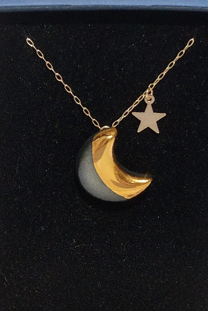 Moon and star necklace black