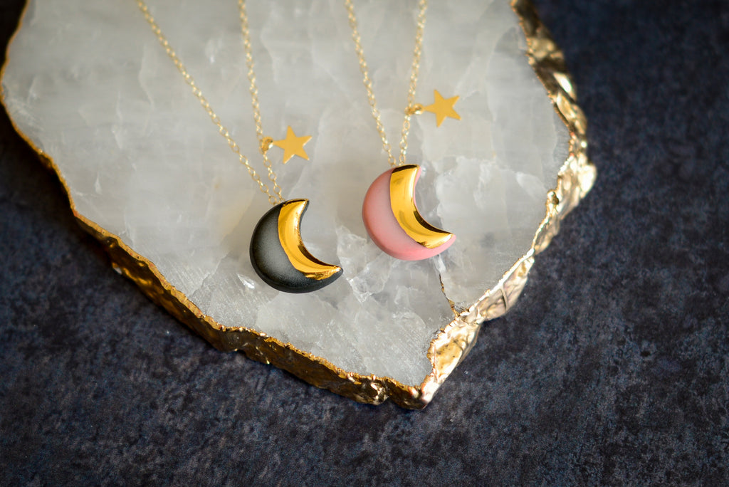 Moon and star necklace black