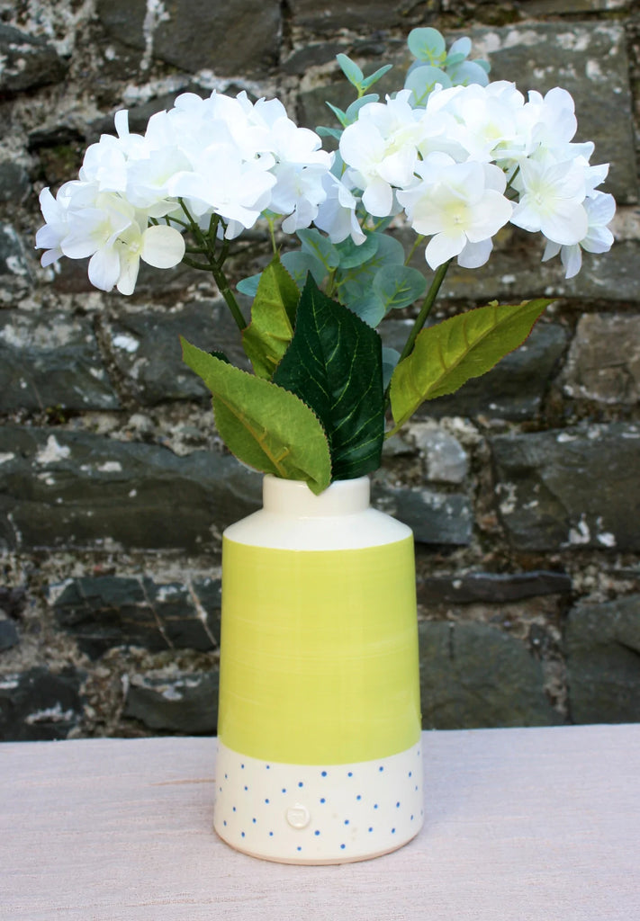 Lime Green Vase, with Navy Polka dots