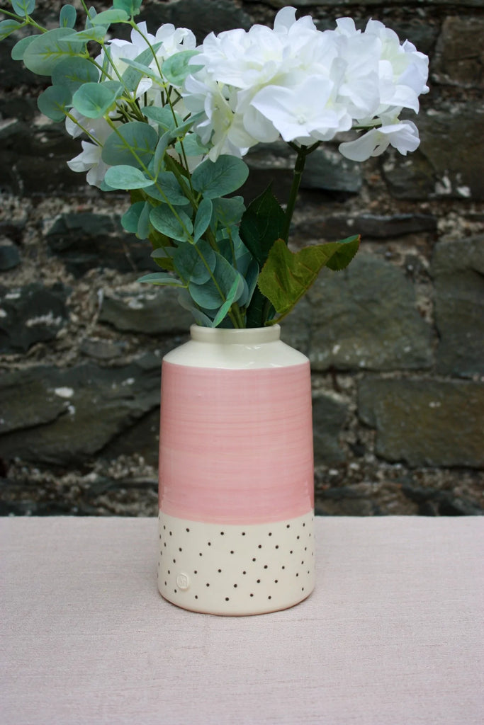 Flamingo Pink Vase, with Charcoal Polka Dots