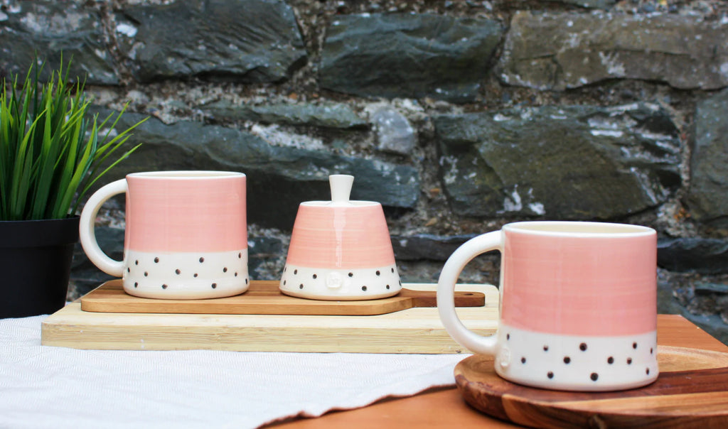 Flamingo pink and charcoal polka dots mug
