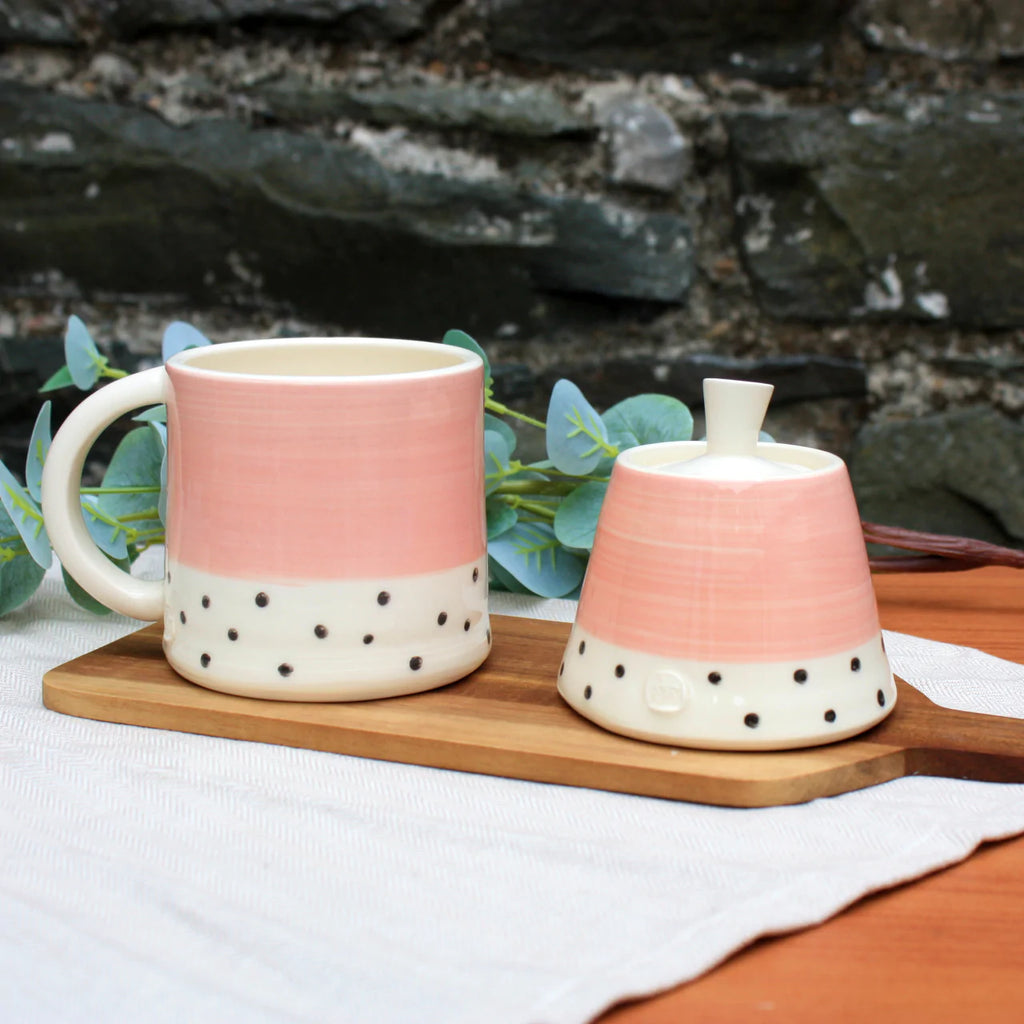 Flamingo pink and charcoal polka dots mug