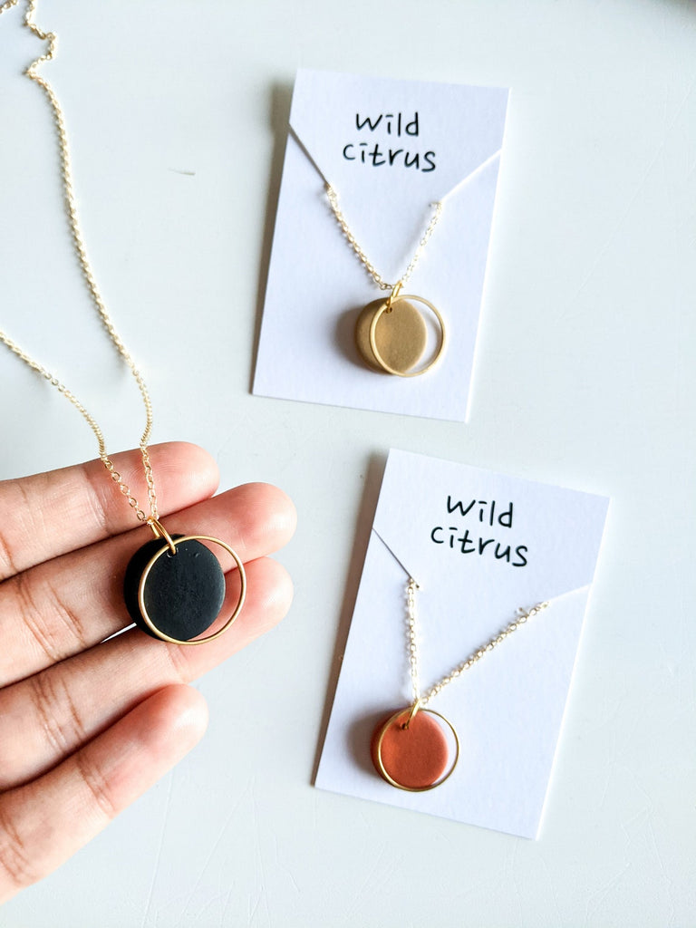 Eclipse | Polymer Clay Necklace, in Black , Terracotta and Nude